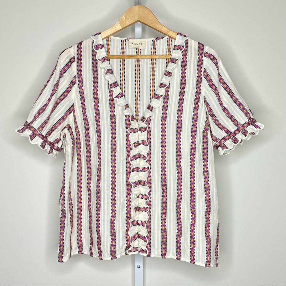 Striped Ruffle Trim V-Neck Top